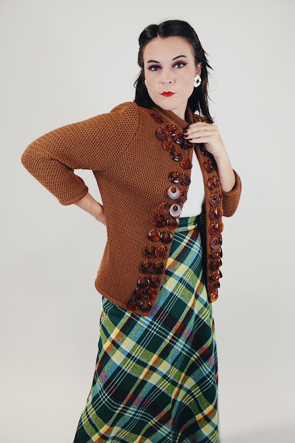 women's vintage 1950's knitted open cardigan with amber circle embellishments sewn on 