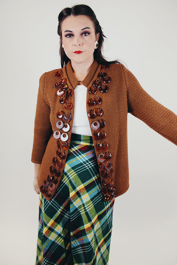 women's vintage 1950's knitted open cardigan with amber circle embellishments sewn on 