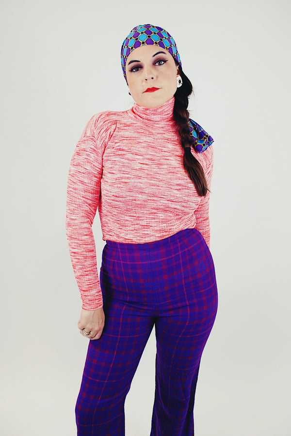 bright red pink and white heathered tight fitting turtleneck long sleeve zipper in back women's vintage 