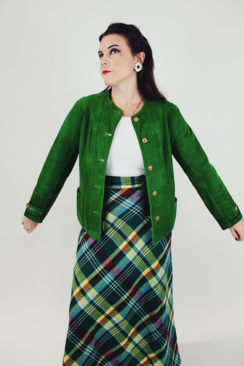 women's 1940's green suede jacket front