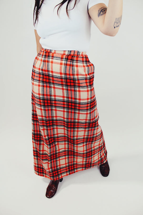 women's vintage long pendleton wool skirt red white and black plaid print