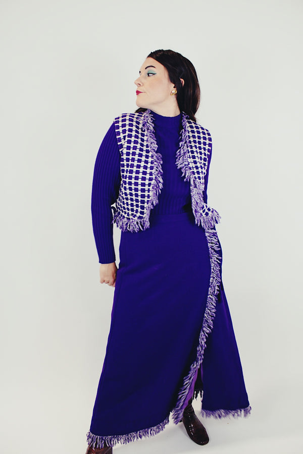 women's vintage three piece set purple wrap skirt with fringe, ribbed turtleneck, and fringe vest 