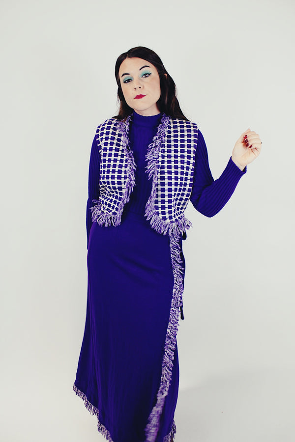 women's vintage three piece set purple wrap skirt with fringe, ribbed turtleneck, and fringe vest 