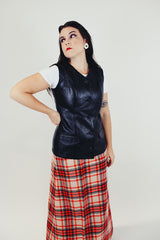 women's vintage black leather vest round neck button front
