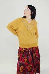 mustard yellow women's vintage angora v-neck sweater with bead and lace embellishments