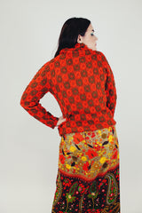 women's vintage printed knit turtleneck in brown and orange print