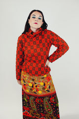 women's vintage printed knit turtleneck in brown and orange print