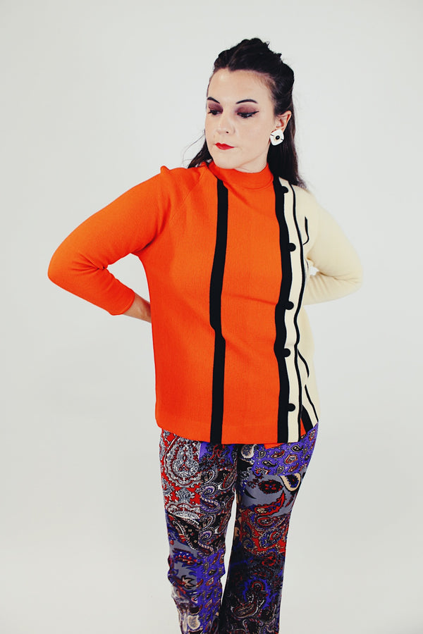 long sleeve women's vintage pullover sweater orange and cream mock neck buttons up the front