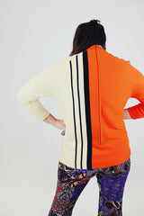 long sleeve women's vintage pullover sweater orange and cream mock neck buttons up the front