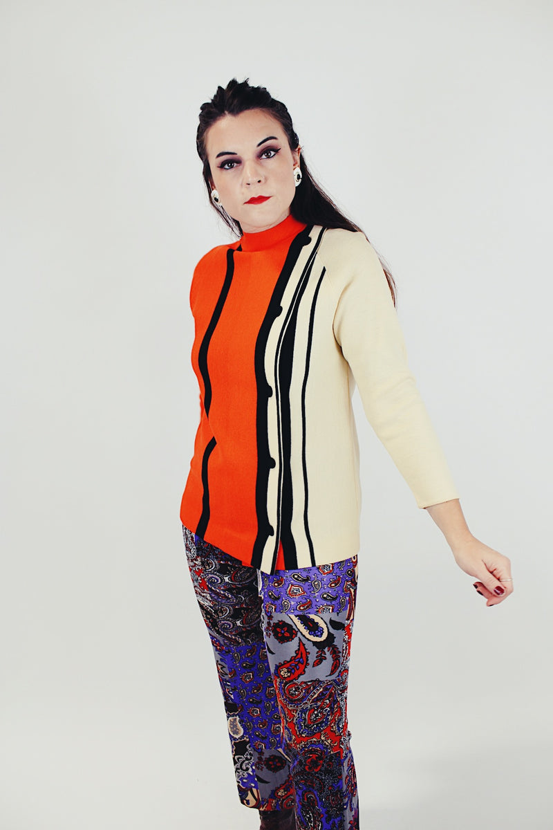 long sleeve women's vintage pullover sweater orange and cream mock neck buttons up the front