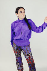 long sleeve purple mock neck 80's women's vintage blouse