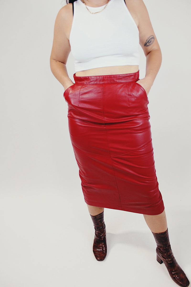women's vintage 1980's red leather high waisted skirt