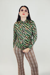 green brown and white striped pattern 1970's women's button up long sleeve blouse