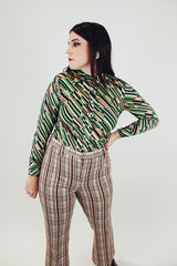 green brown and white striped pattern 1970's women's button up long sleeve blouse