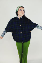navy and green tartan plaid poncho with gold button women's vintage wool