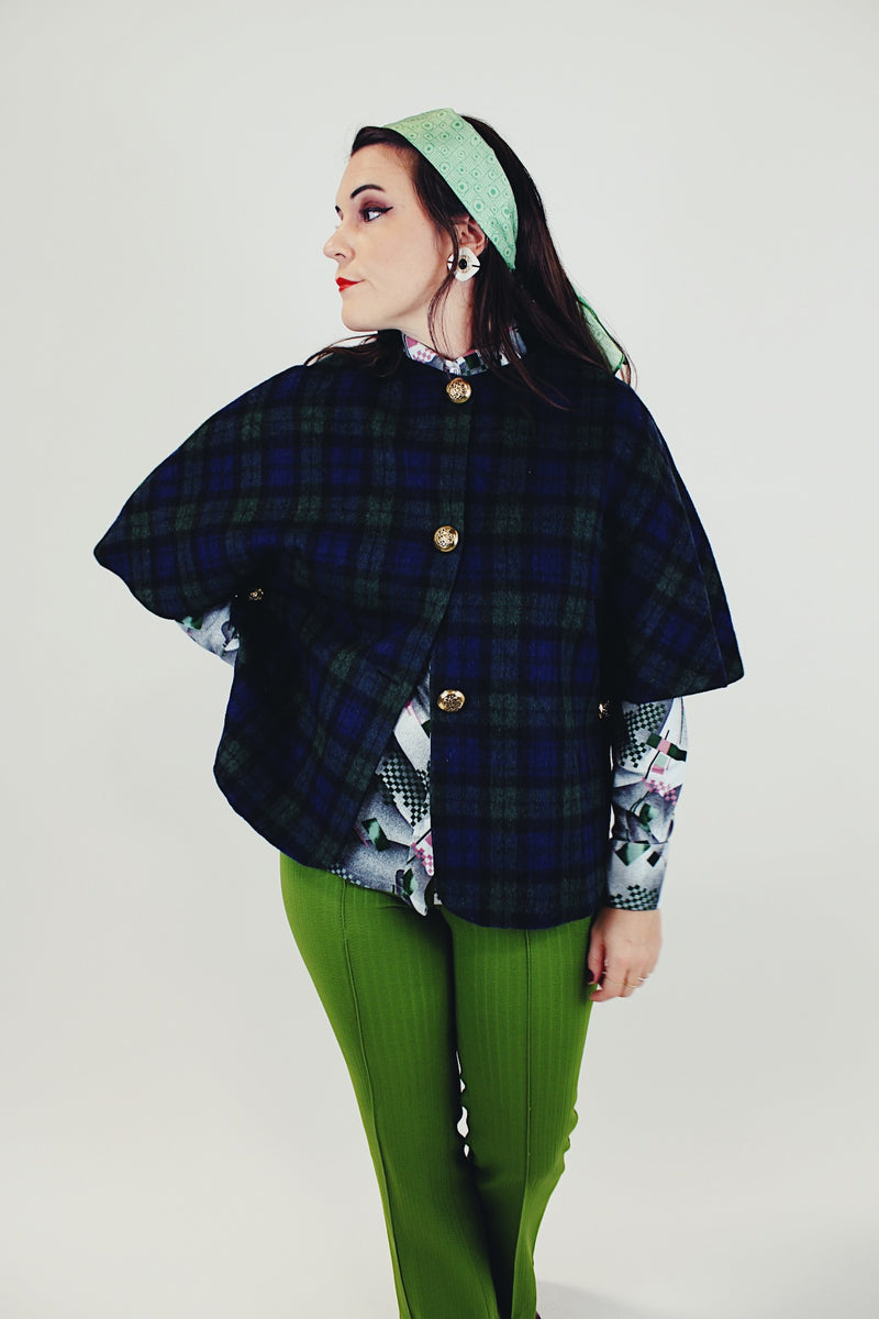 navy and green tartan plaid poncho with gold button women's vintage wool