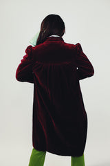 women's vintage 1940's maroon velvet long jacket with buttons pockets collar