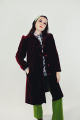 women's vintage 1940's maroon velvet long jacket with buttons pockets collar