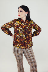 brown yellow white printed button up blouse women's vintage blouse pointy collar