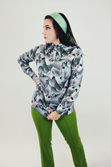 grey pink and green printed button up blouse long sleeve women's vintage pointy collar