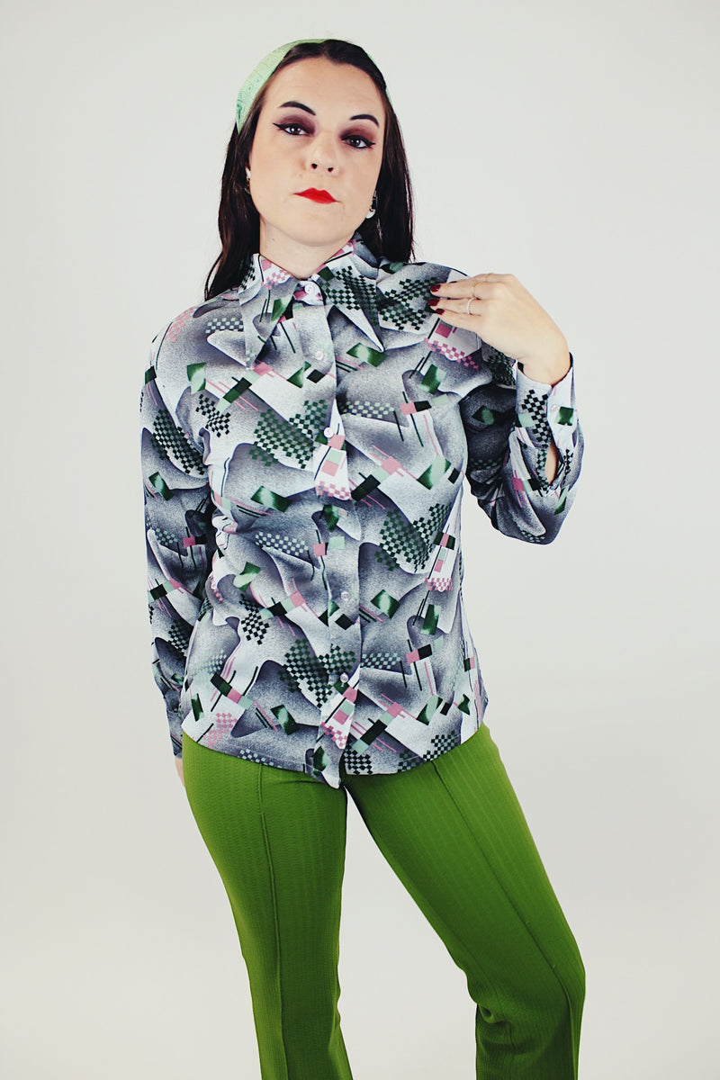 grey pink and green printed button up blouse long sleeve women's vintage pointy collar