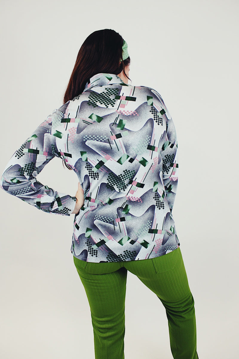 grey pink and green printed button up blouse long sleeve women's vintage pointy collar