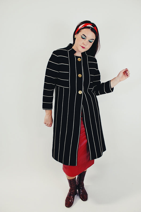 long black coat with white stripes and gold buttons women's vintage mandarin collar