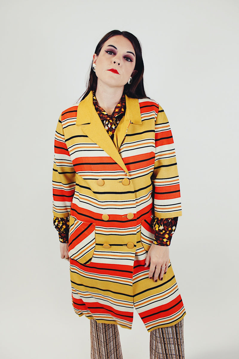 yellow, red, white, and black striped pea coat women's vintage 1960's 3/4 arm length