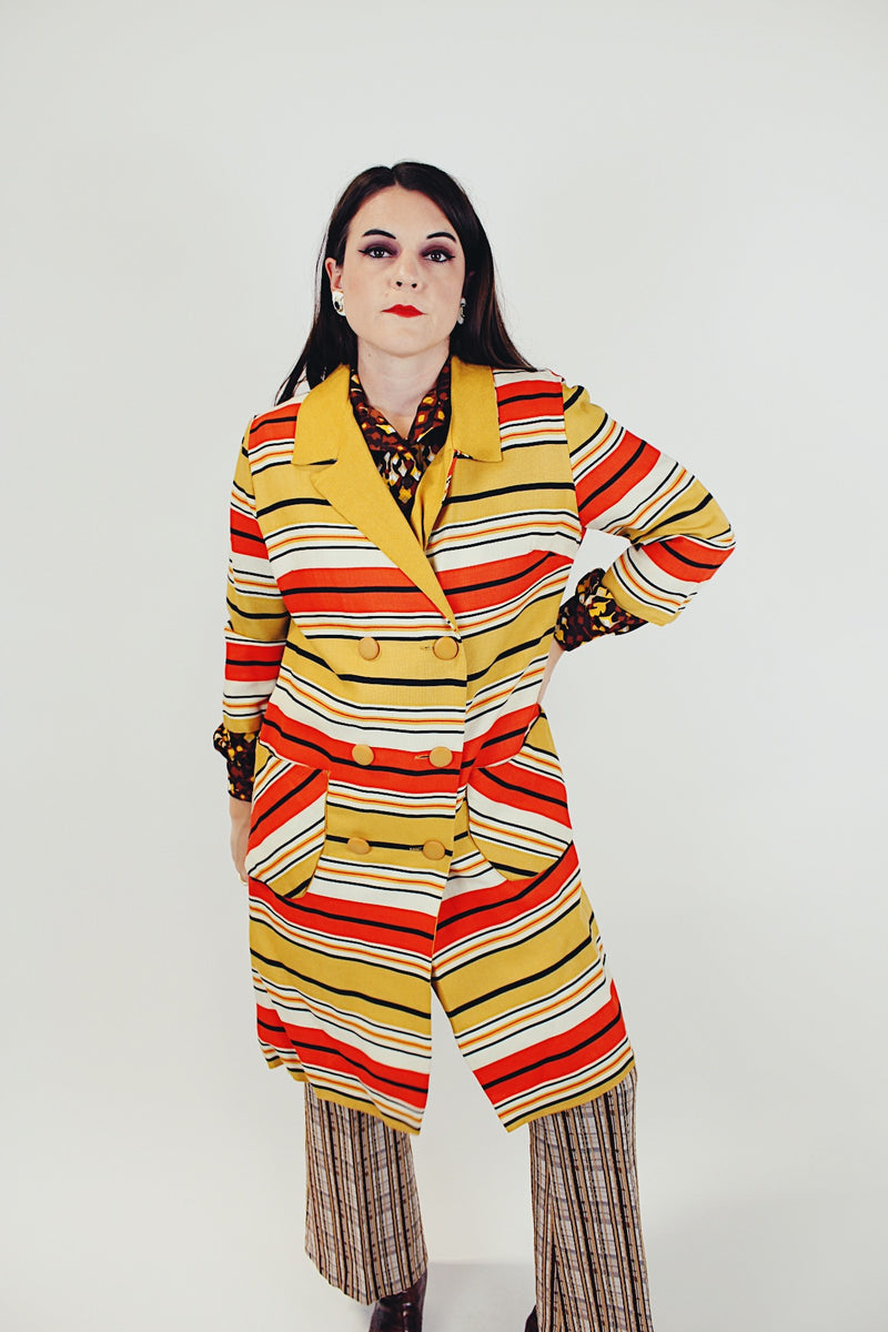 yellow, red, white, and black striped pea coat women's vintage 1960's 3/4 arm length
