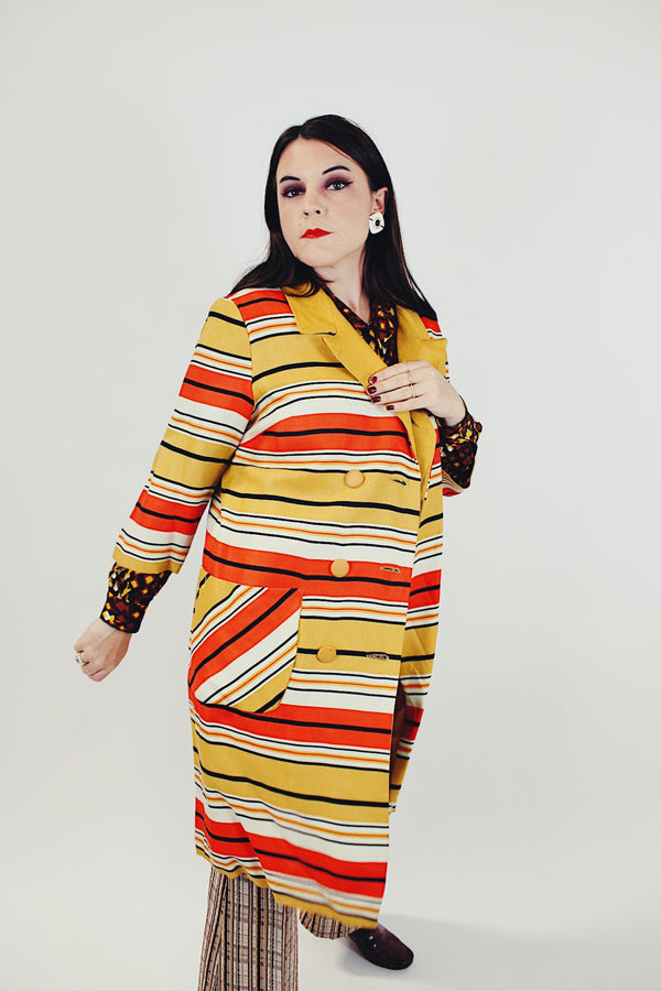 yellow, red, white, and black striped pea coat women's vintage 1960's 3/4 arm length