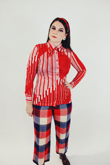 red and white printed long sleeve button up blouse with collar women's vintage 1970's