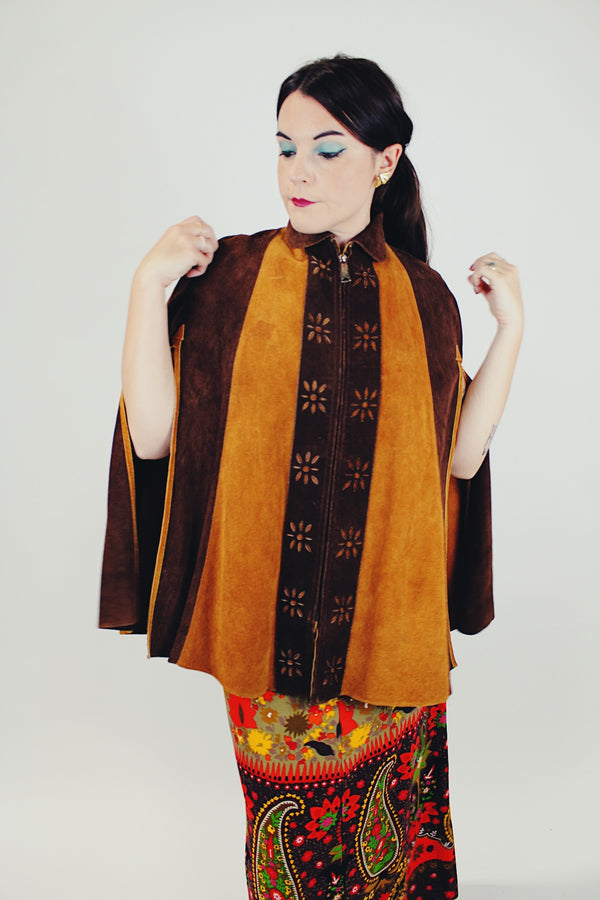 two tone brown striped suede poncho with zipper and collar women's vintage 