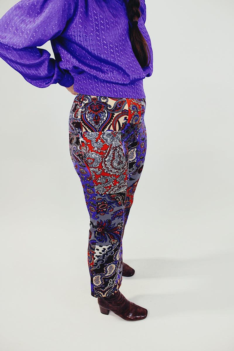purple red and brown paisley printed flair pants women's vintage 1960's
