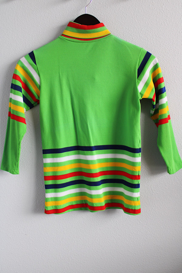 Women's vintage 1970's bright green long sleeve turtleneck with multicolored stripes and a zipper in the back in a polyester material. 