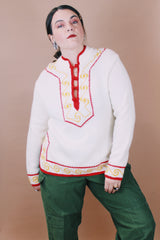 Women's vintage 1970's New Improved Kimlon by RBK Importers label size medium long sleeve white acrylic pullover sweater with half closure and red and yellow trim.