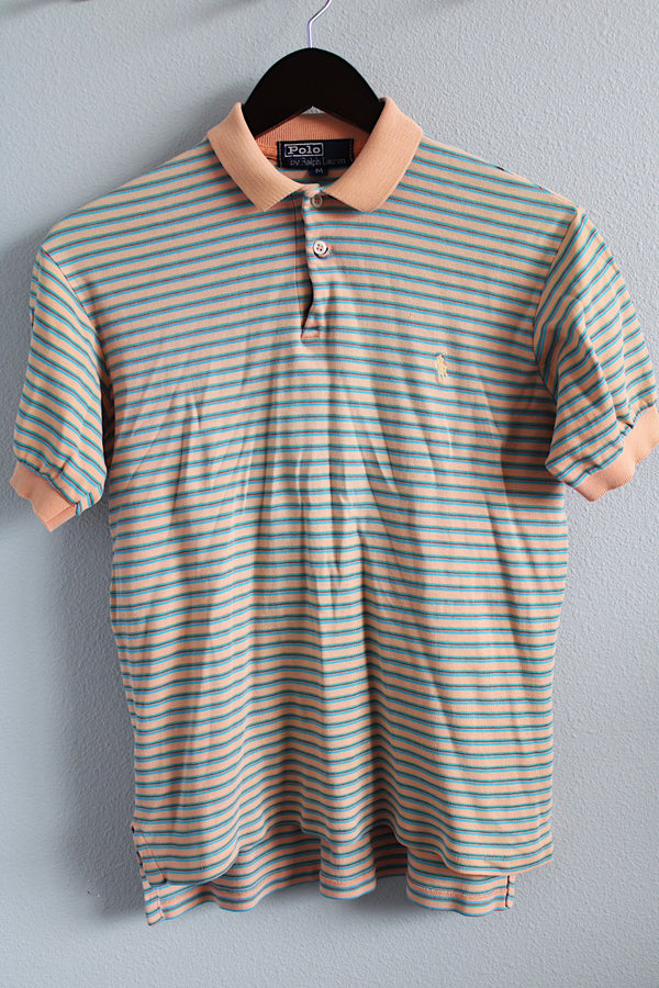 Men's or women's vintage 1990's Polo By Ralph Lauren label short sleeve peach and blue colored stripe polo tee with collar and half button closure.