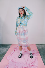high waisted pink blue and white plaid wool skirt midi length vintage women's 1960's