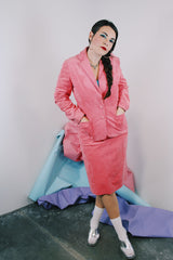 Women's vintage 1980's matching pink soft suede blazer and pencil skirt