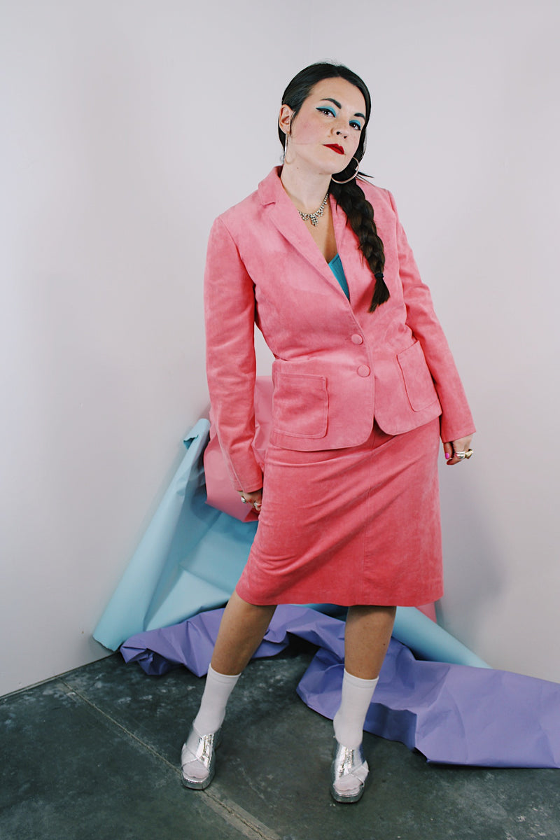 Women's vintage 1980's matching pink soft suede blazer and pencil skirt