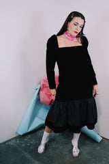 Women's vintage 1980's long sleeve black velvet dress with Polyester peplum skirt bottom