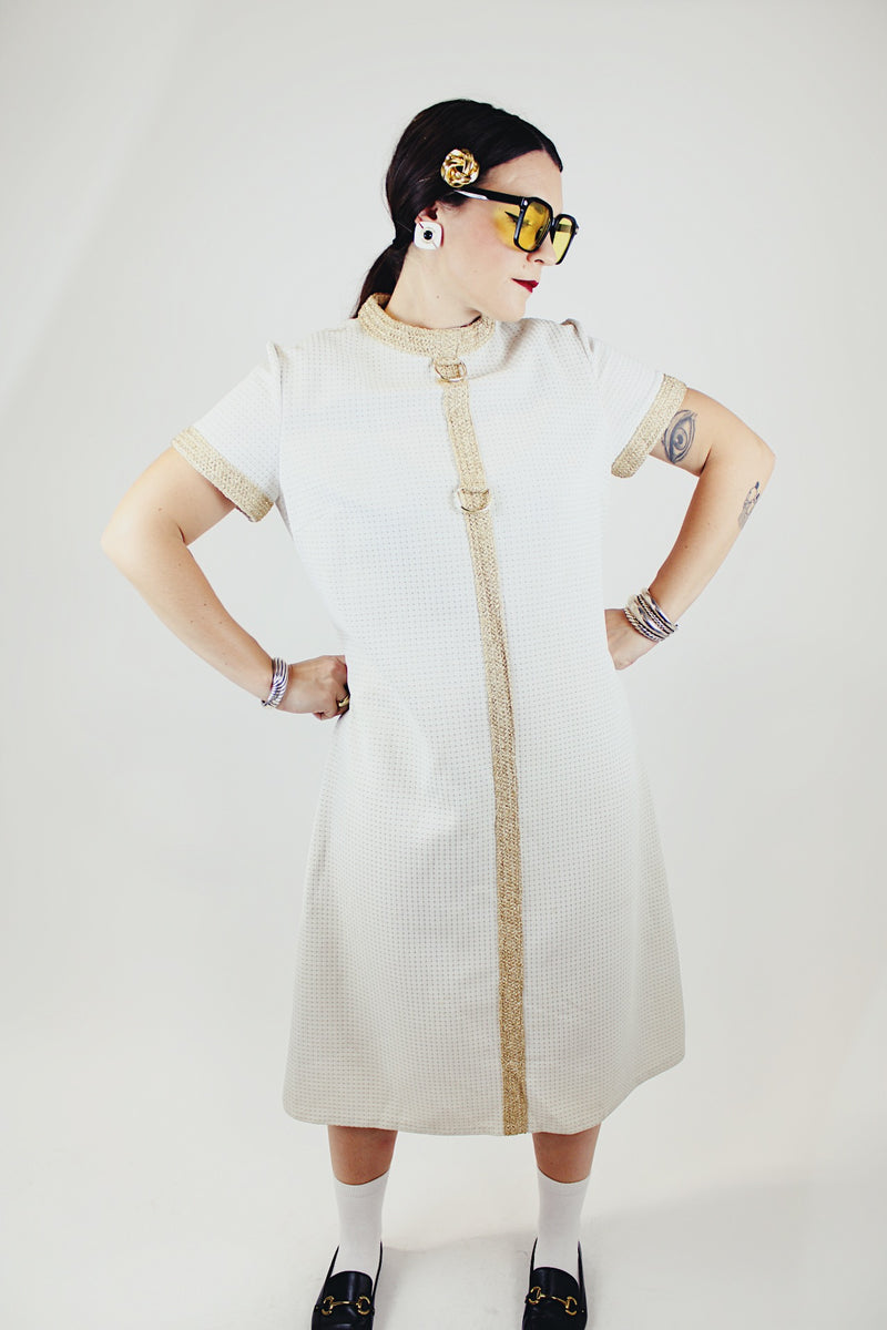 short sleeve white midi length dress with gold metallic dots and trim vintage 1970's