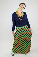 twofer long sleeve maxi dress polyester navy top part with green striped skirt vintage 1970's