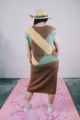 knitted sleeveless sweater and matching pencil skirt set in brown with green and yellow geometric pattern on top vintage women's 1980's