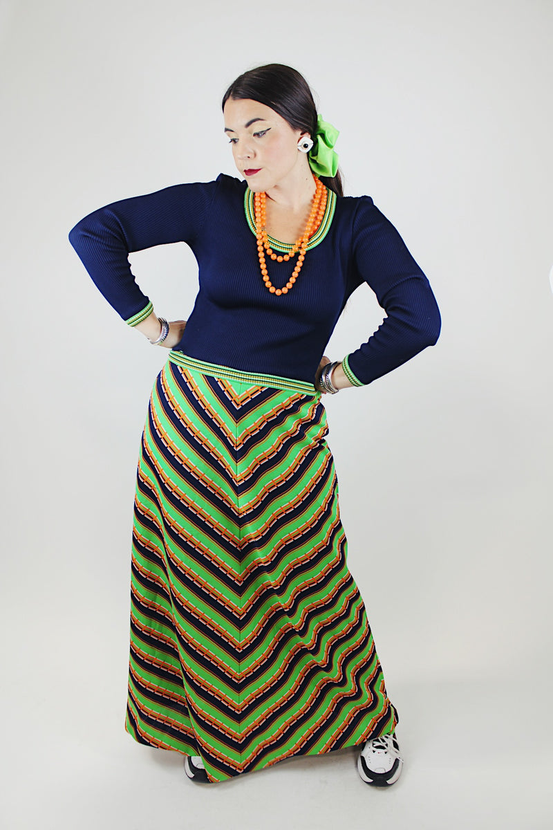 twofer long sleeve maxi dress polyester navy top part with green striped skirt vintage 1970's