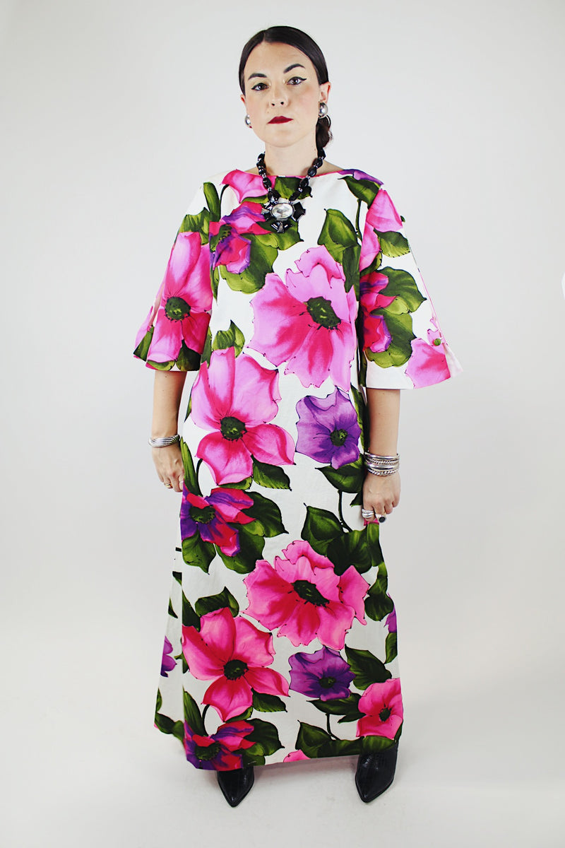 cut out sleeve maxi length floral print cotton dress vintage 1960's