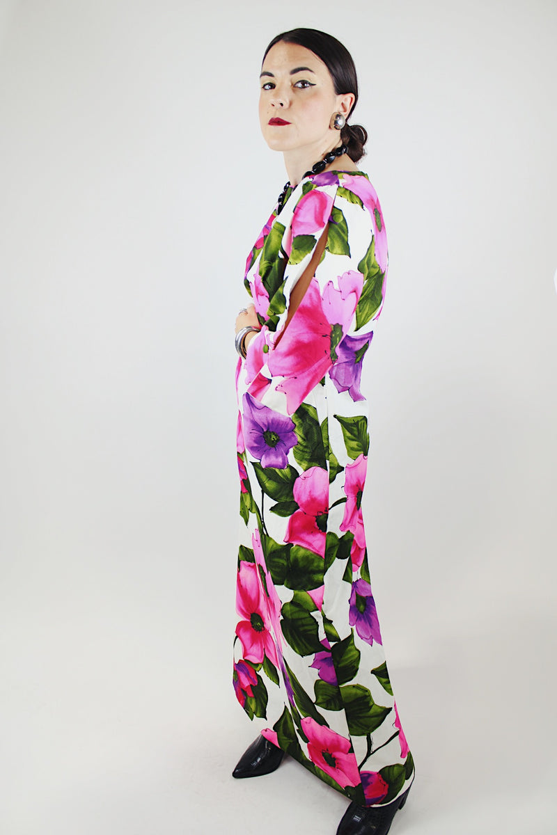 cut out sleeve maxi length floral print cotton dress vintage 1960's