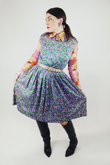 sleeveless floral print midi length dress polyester material vintage 1960's