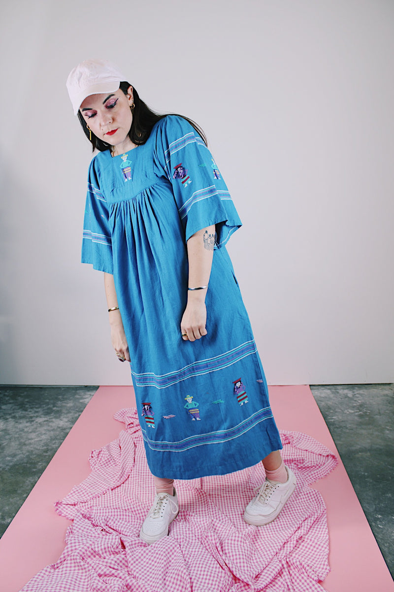 blue cotton ankle length dress short sleeves with embroidery throughout