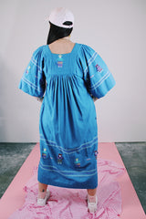 blue cotton ankle length dress short sleeves with embroidery throughout