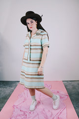 blue and brown striped shirt dress with half button closure vintage 1960's 
